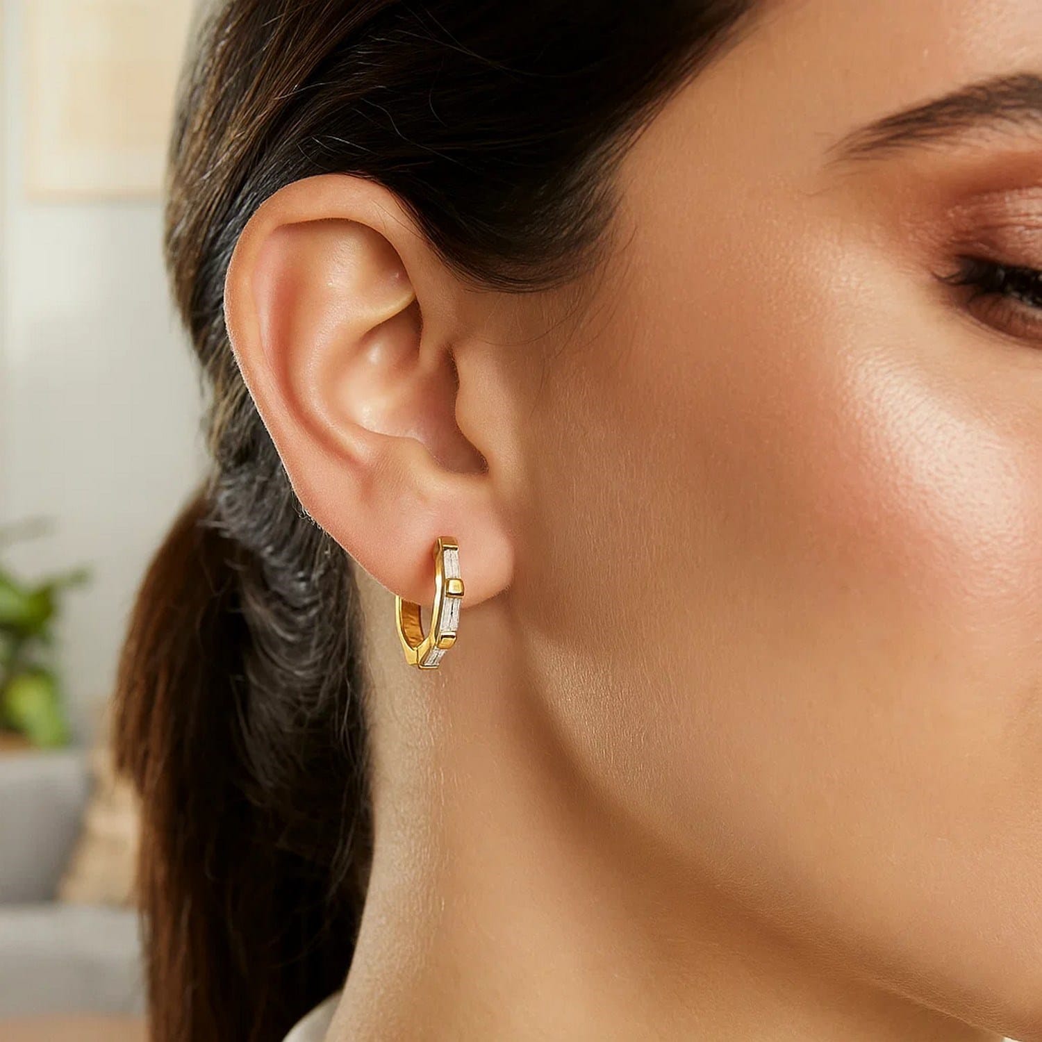 14k Yellow Gold Petite Octagonal Hoop Earrings with Cubic Zirconias