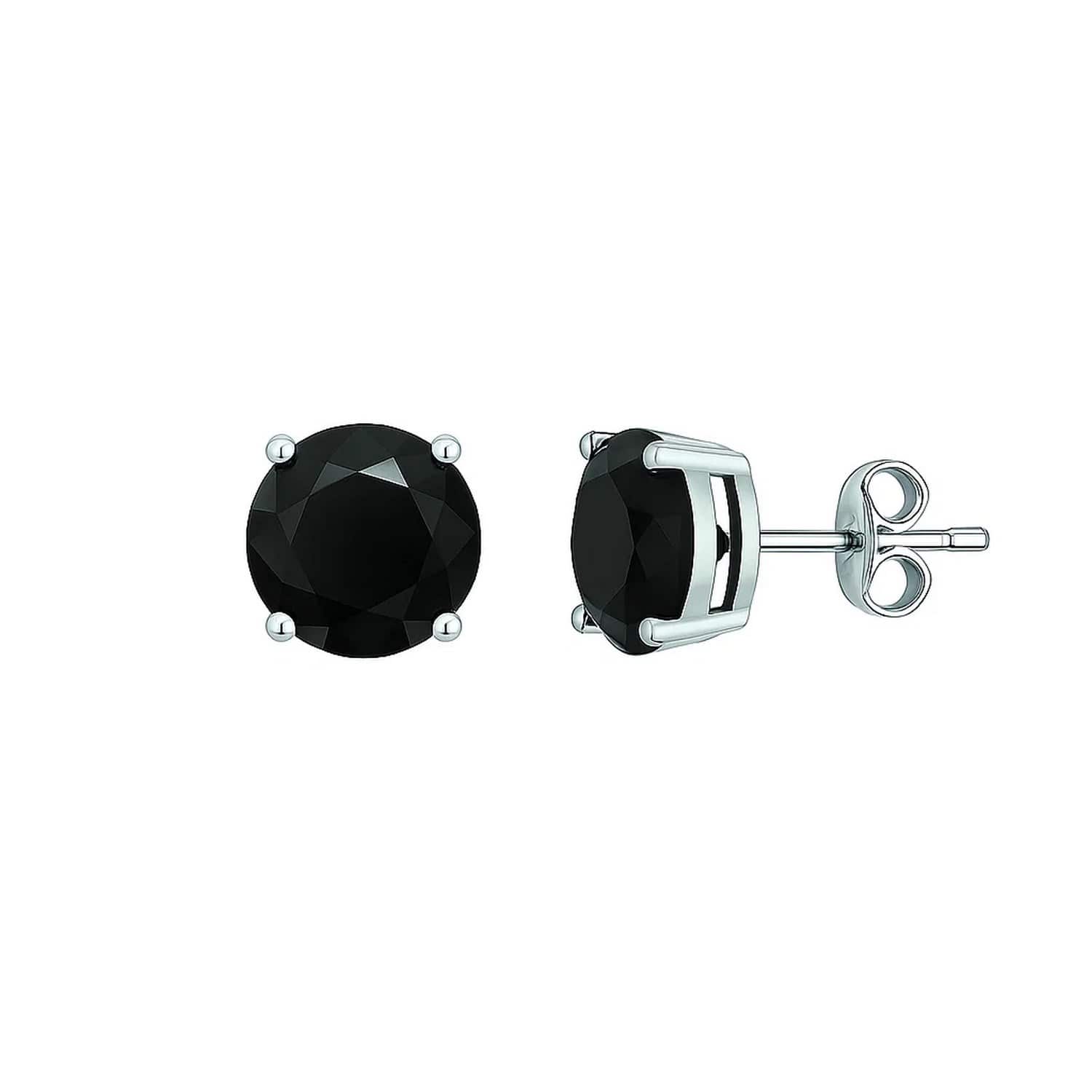 14k White Gold Stud Earrings with Black Faceted Cubic Zirconia(6mm)