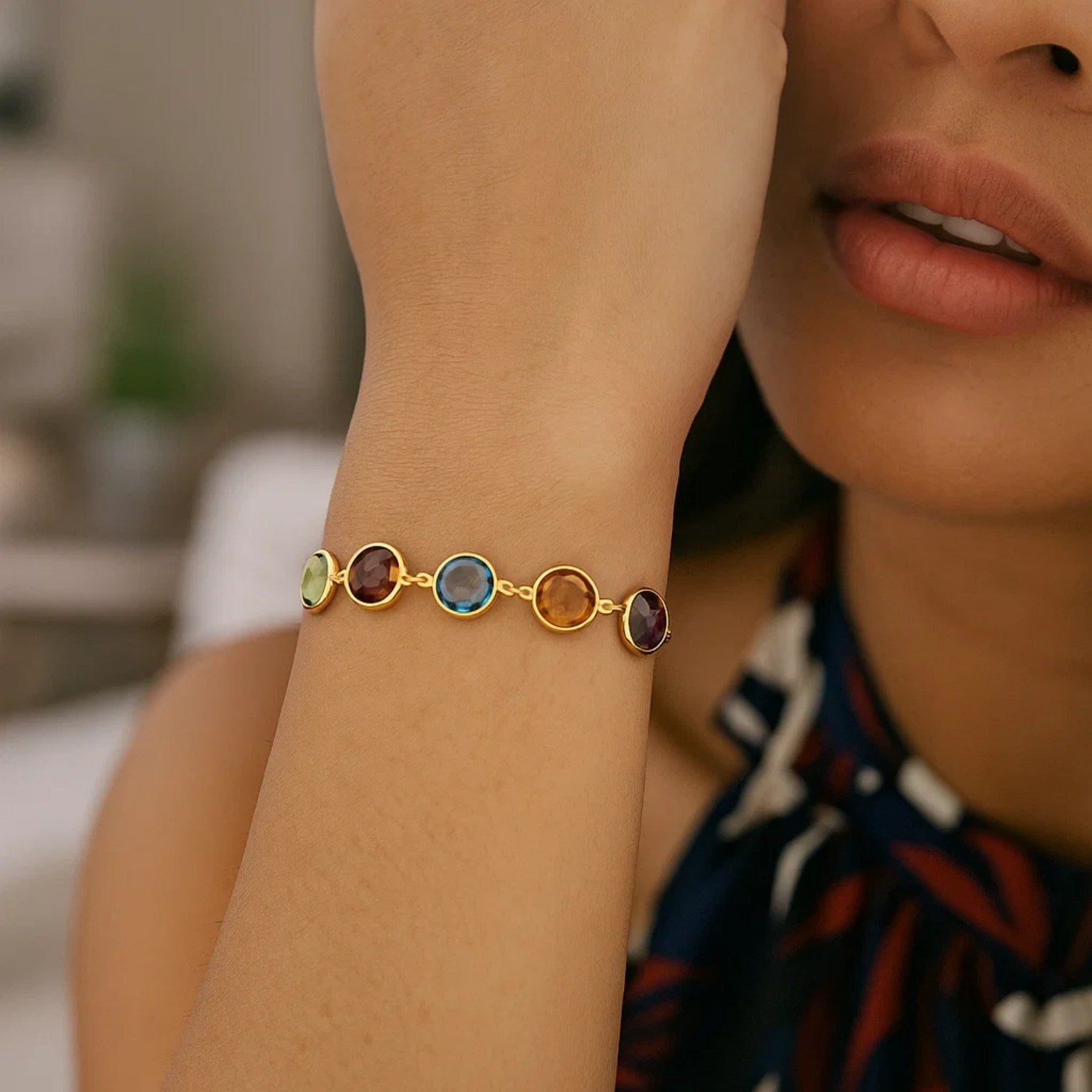 Adjustable Bracelet with Multicolored Round Gemstones in 14k Yellow Gold(1.00mm)