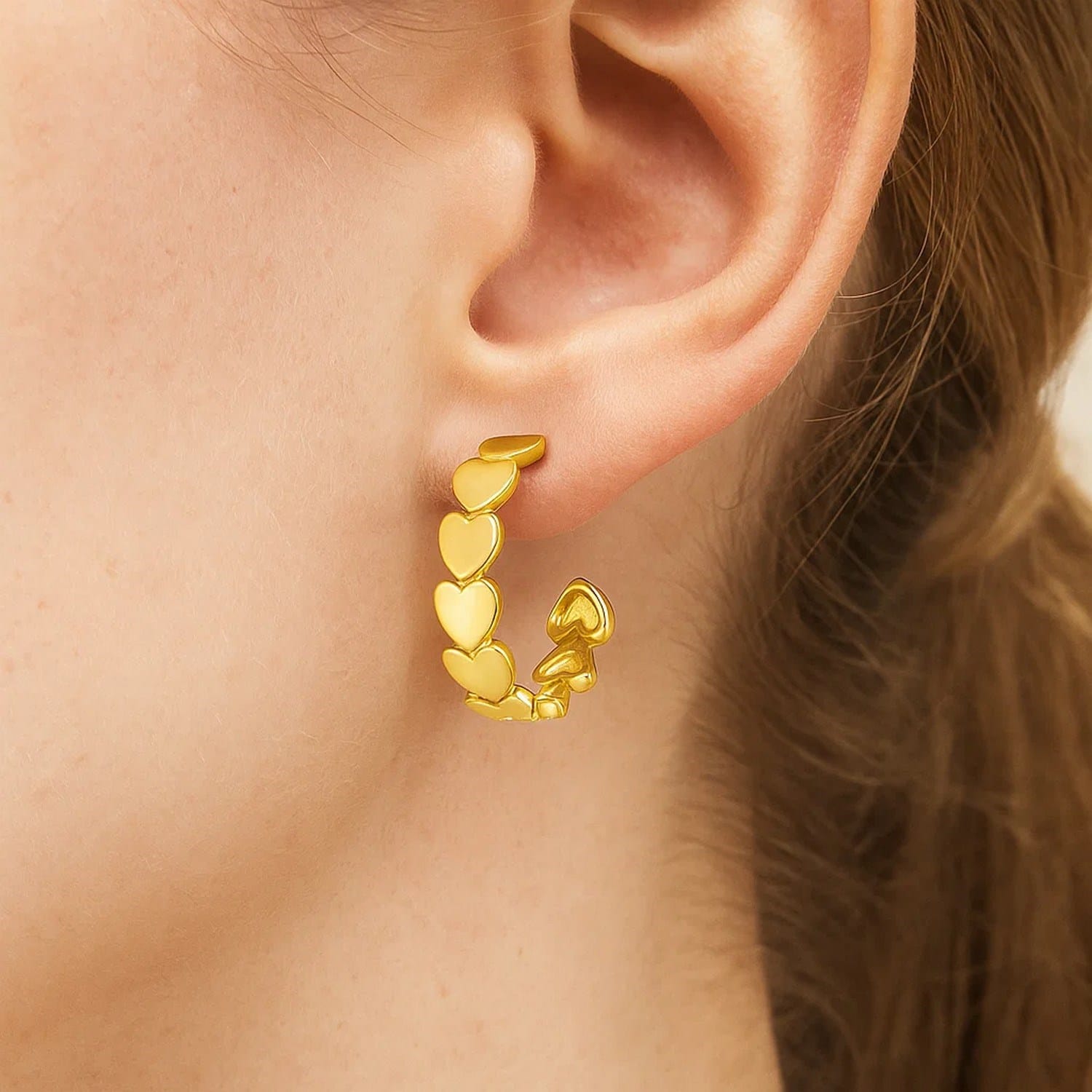 14K Yellow Gold Heart Row C Hoop Earrings