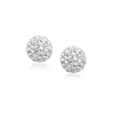 White Tone Crystal Ball Stud Earrings in 14k Yellow Gold(8mm)
