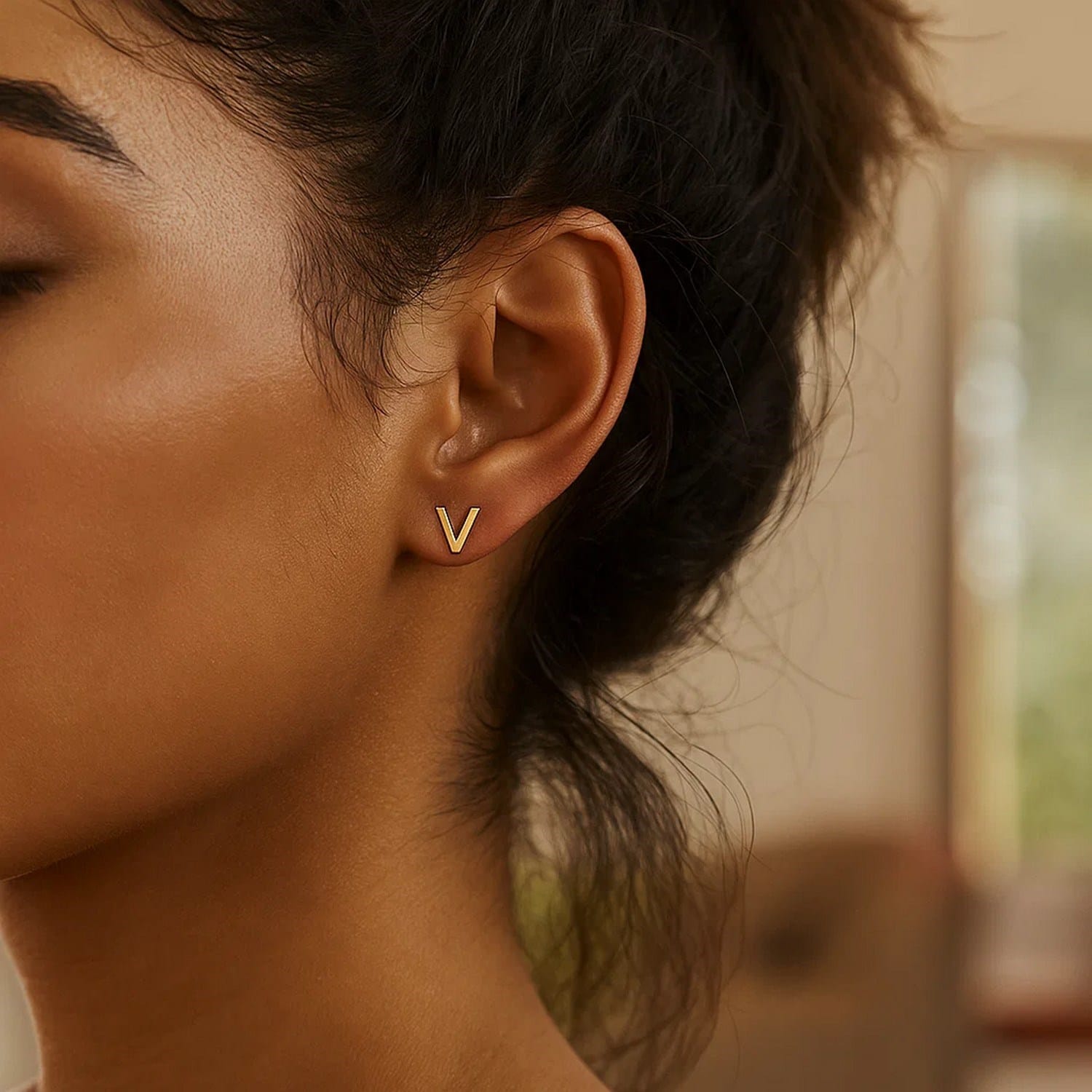 14K Yellow Gold Yours Truly Initial V Stud Earrings