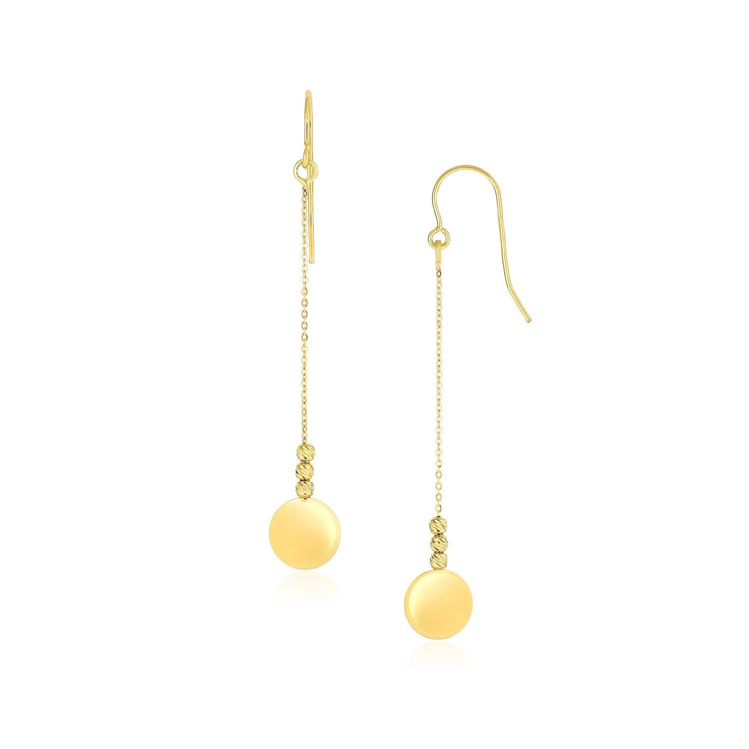 14k Yellow Gold Bead and Shiny Disc Drop Earrings - Melliflus Earrings