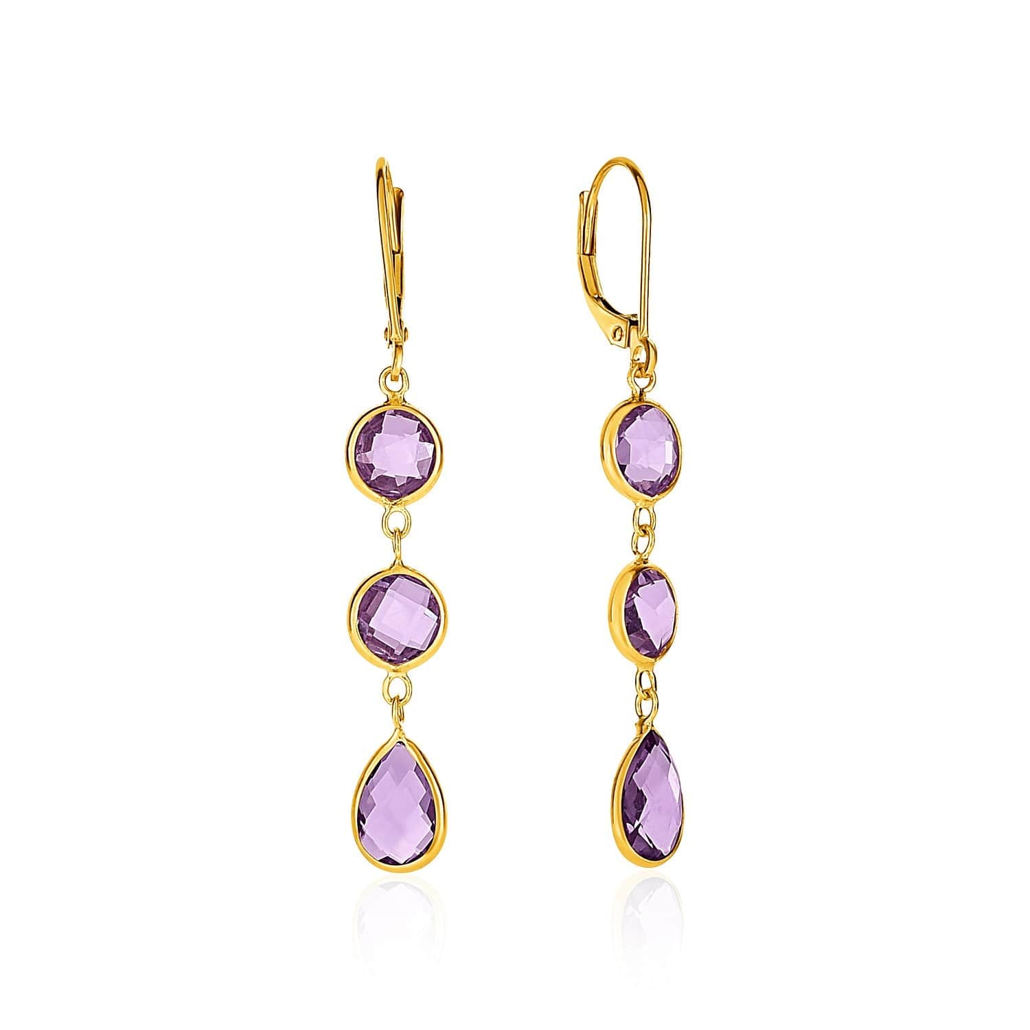 Drop Earrings with Round and Pear-Shaped Amethysts in 14k Yellow Gold - Melliflus Earrings
