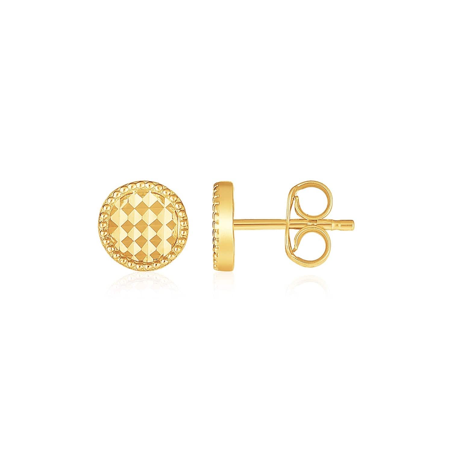 14k Yellow Gold Textured Circle Post Earrings - Melliflus Earrings
