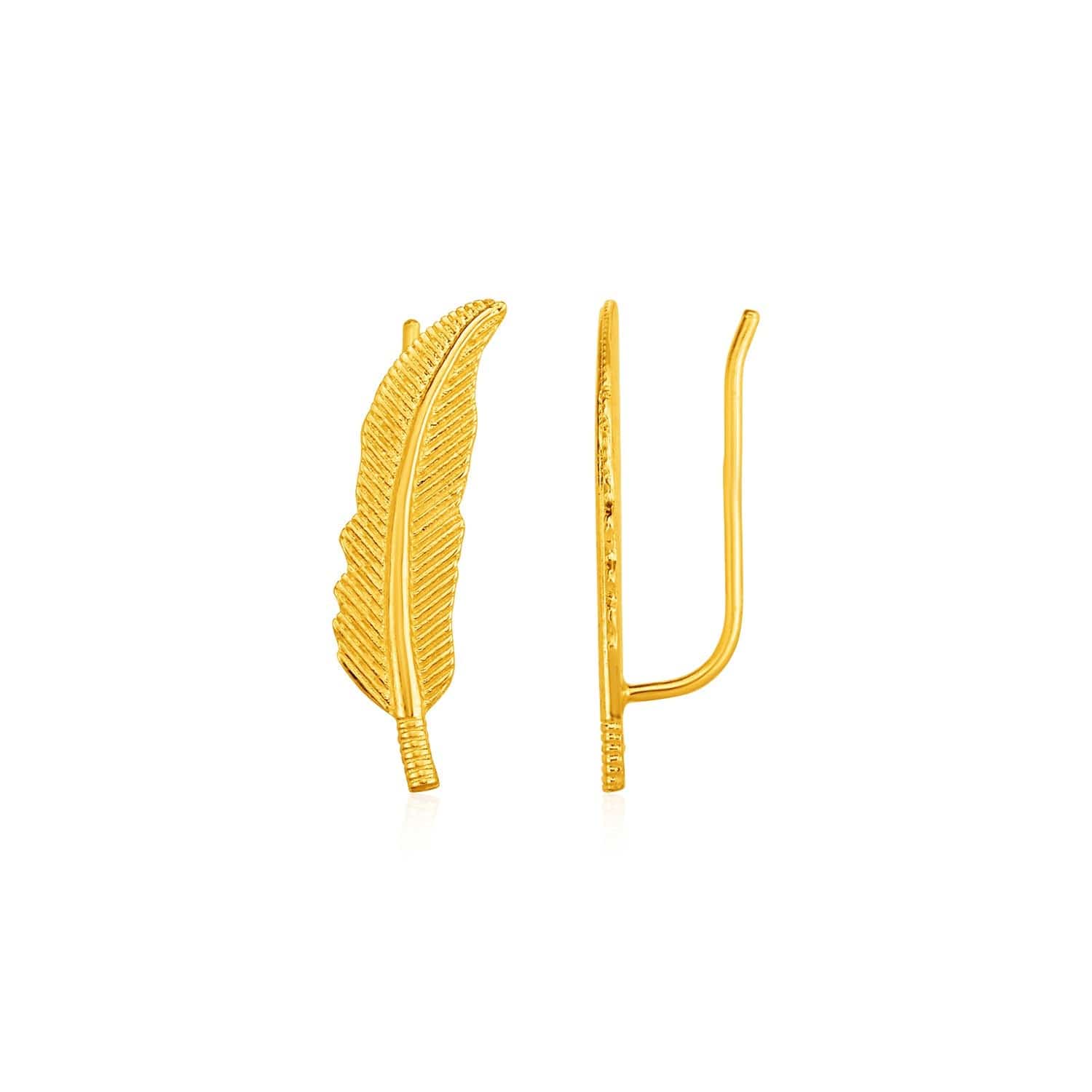 Textured Feather Climber Earrings in 14k Yellow Gold - Melliflus Earrings