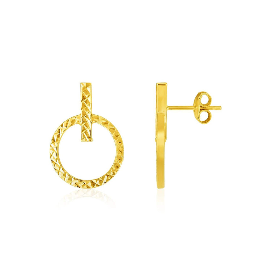 14k Yellow Gold Textured Circle and Bar Post Earrings - Melliflus Earrings