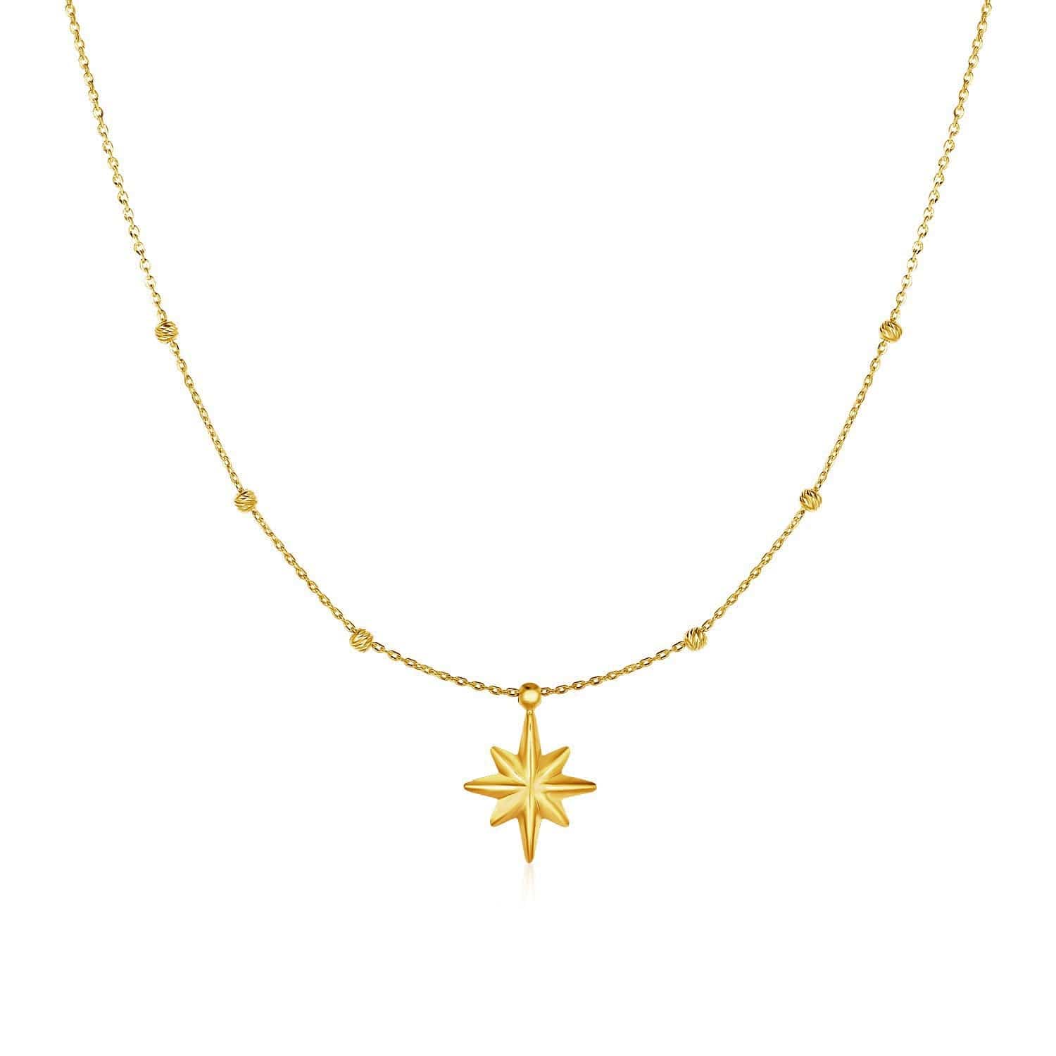 14k Yellow Gold Necklace with Eight Pointed Star and Beads - Melliflus Necklaces